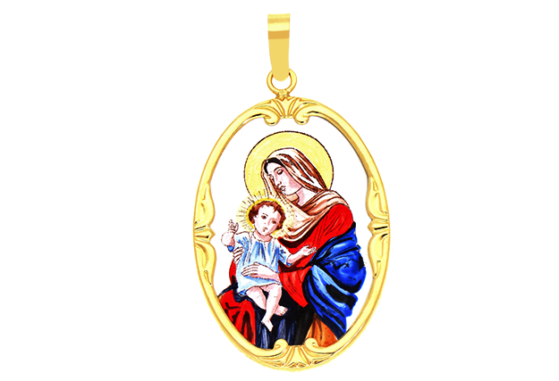 Zlatý porcelánový prívesok s Pannou Máriou a s dieťaťom